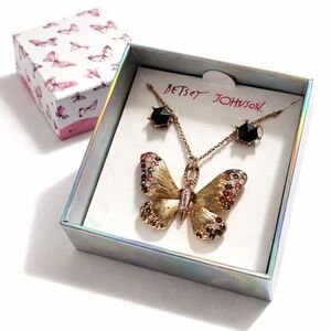 NWT Betsey Johnson Butterfly Necklace & Earrings Set Rhinestone Boxed Gift